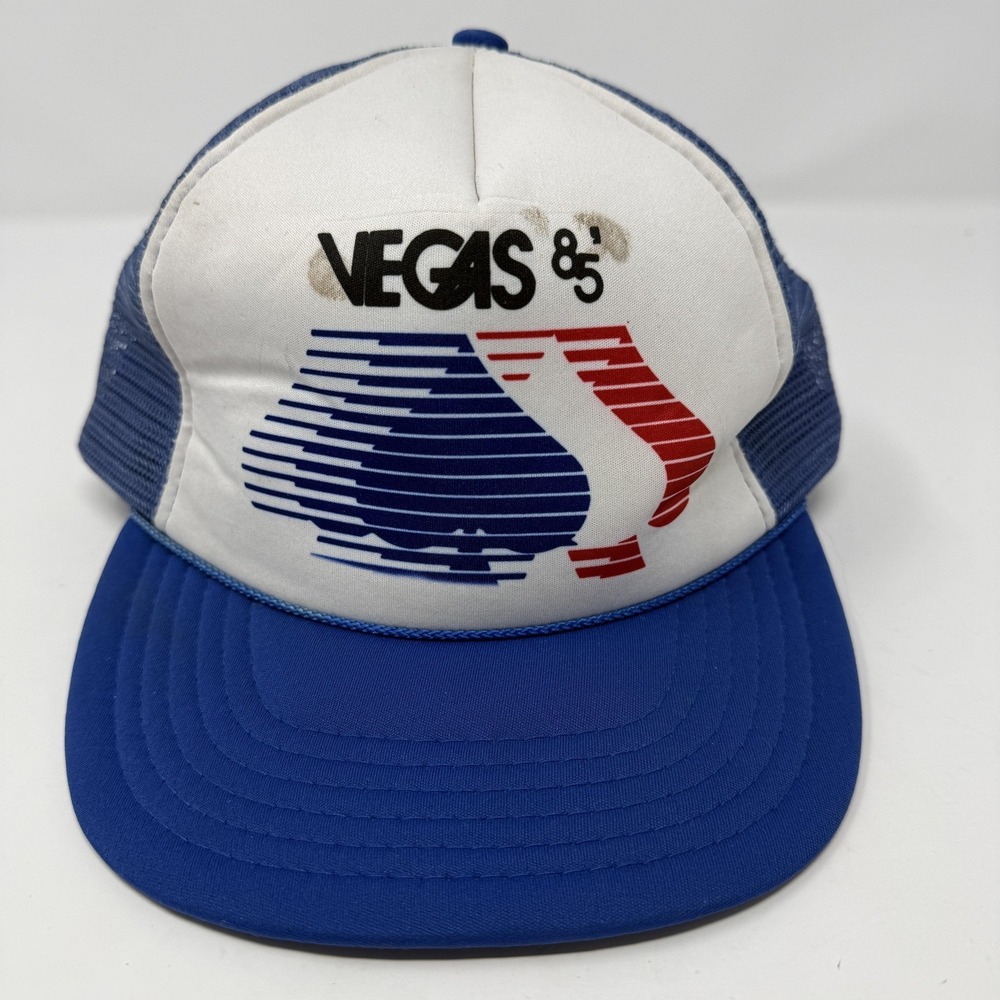 Vintage Vegas 85 Hat Cap Snapback Blue White Trucker Mesh Foam Front Mens 80s